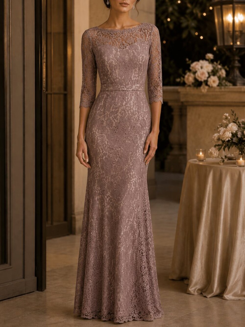 Christina Wu Taupe Lace Evening Gown Open Back Formal Dress Size 4